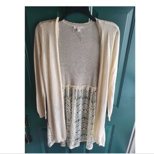 Size small Lauren Conrad beige open front sweater with lace bottom